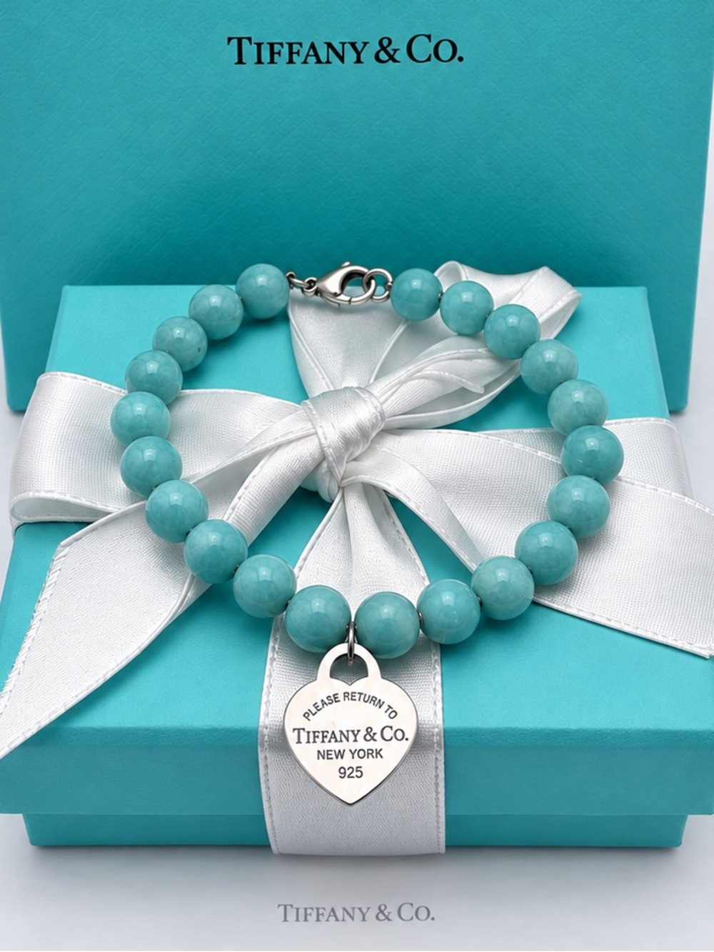 Tiffany & Co Return to Tiffany Heart Tag Bead Bracelet Silver Amazonite 8mm 7.5”
